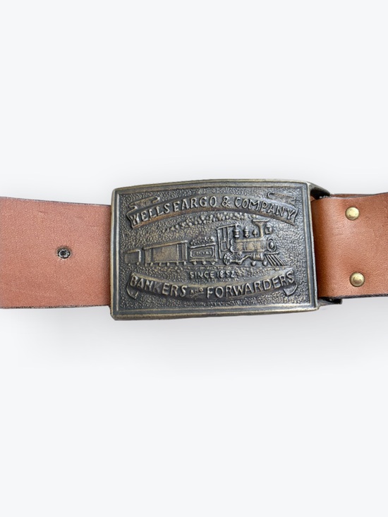 Vintage Wells Fargo Train Buckle and Brown Leather Belt